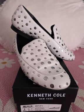 Kenneth Cole White Slip-On Loafers with Silver Studs